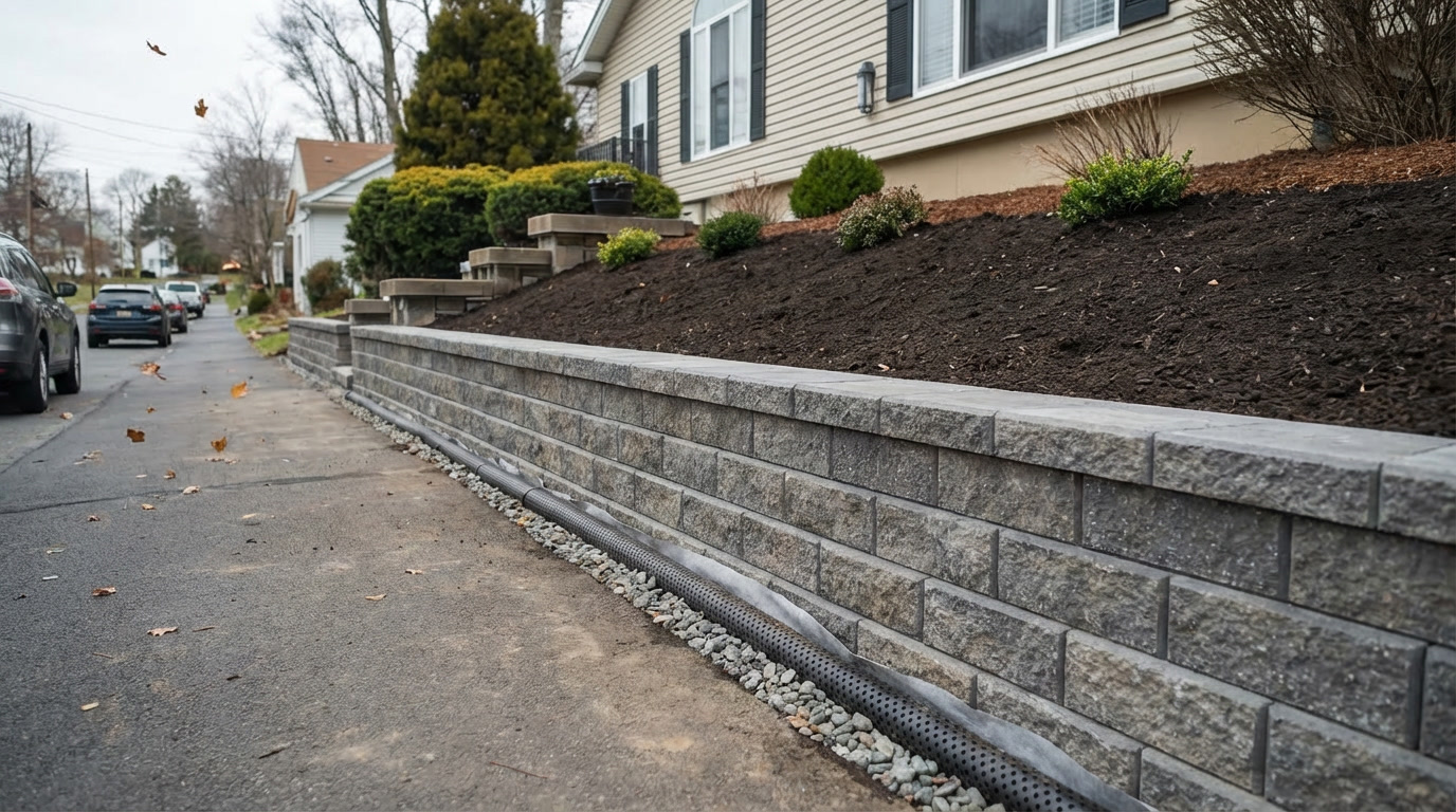 New segmental block retaining wall with perforated drain pipe, fresh gravel base, and clean landscaping after full replacement
